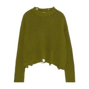 Zara Distressed Crewneck Sweater Olive Green Chunky Knit Long Sleeve S